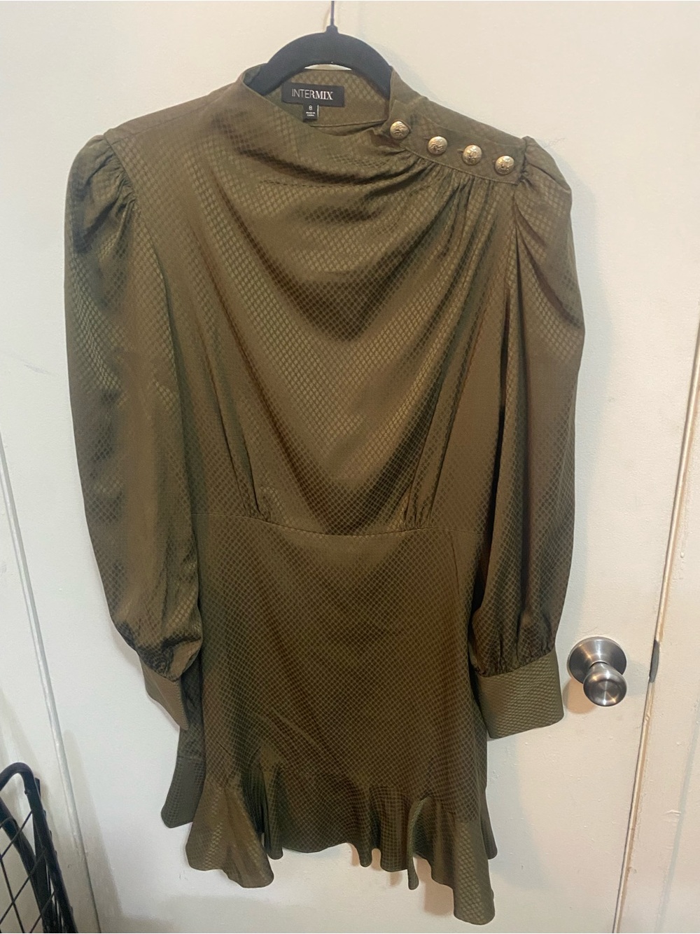 INTERMIX Olive Green Long Sleeve Ruffle-Hem Dress with Shoulder Buttons